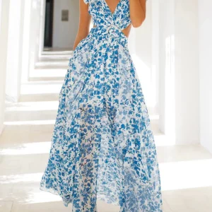 Inrosy robe longue mousseline imprimé à fleurie v-cou découpes fendu volantée sans manches femme bohème de plage