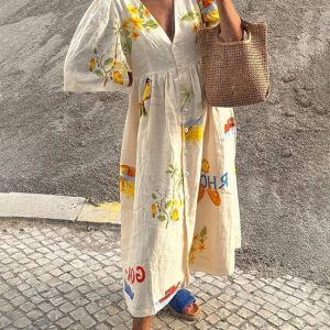 Inrosy robe longue en lin imprimé unique v-cou boutonnage manches bouffantes manches courtes femme décontracté lâche casual d'été