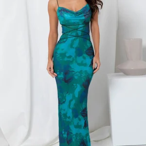Inrosy robe longue moulante imprimé à fleurie avec à lacets dos nu à fines brides femme sans manches élégant de soirée bal masqué plage