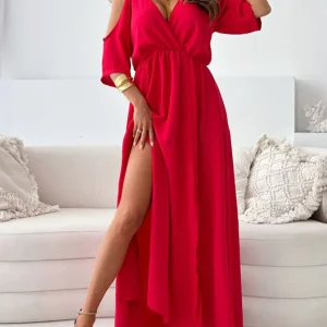 Inrosy robe longue v-coudécoupes fendu le côté nœud décolleté dos épaules fendues femme élégant mode de plage