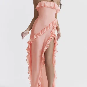 Inrosy robe longue bustier à volantée fendu le côté dos nu sans manches femme élégant mode de soirée de plage