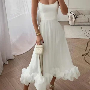 Inrosy mi-longue robe trapèze à volantée bustier à fines brides sans manches doux élégant de cocktail