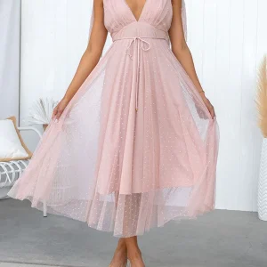 Inrosy mi-longue robe trapèze tulle fluide noeud papillon décolleté dos v-cou sans manches femme élégant de cocktail