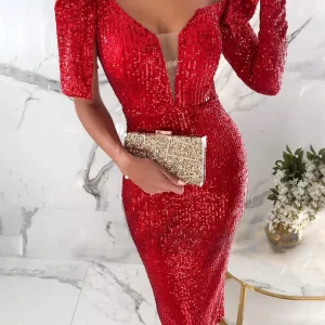 Inrosy mi-longue robe moulante brillante paillette v-cou manches longues femme élégant mode