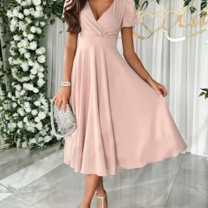 Inrosy mi-longue robe v-cou manches bouffantes manches courtes femme doux élégant invité mariage champetre