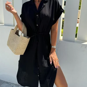 Inrosy mi-longue chemises robe fendu boutonnage manches courtes coulisse taille femme casual lâche décontracté plage blouse