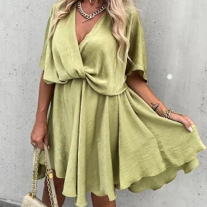 Inrosy robe courte satin à volantée fluide v-cou manches courtes femme mode décontracté de plage