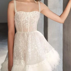 Inrosy robe patineuse plume brillante paillette à fines brides sans manches élégant mode de cocktail