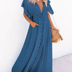 Inrosy robe longue à volantée fluide boutonnage coulisse taille v-cou casual