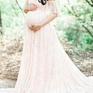 Inrosy robe de grossesse shooting photo dentelle à volantée col bateau manches courtes femme élégant bohème enceinte
