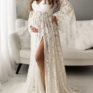 Inrosy robe de grossesse dentelle fendu le côté v-cou manches trompette manches longues femme élégant boho enceinte shooting photo