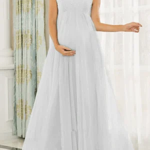 Inrosy robe de grossesse dentelle mousseline fluide dos nu v-cou sans manches femme élégant mode bal de promo enceinte invité mariage