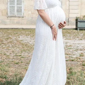 Inrosy robe de grossesse dentelle à volantée col bateau manches courtes femme élégant bohème photo shooting enceinte