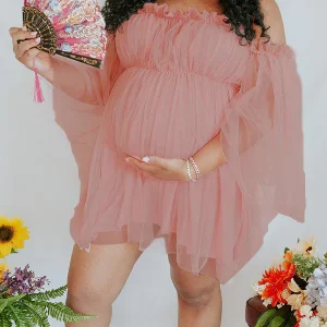 Inrosy robe de grossesse bouffante tutu tulle col bateau manches trompette manches longues femme doux mode décontracté enceinte