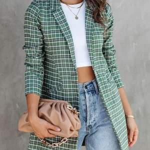 Inrosy mi-longue blazer de bureau carreaux boutonnage poches manches longues femme élégant mode veste automne