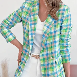 Inrosy blazer carreaux boutons poches manches longues femme élégant mode décontracté veste tartan femme