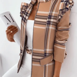 Inrosy court blazer carreaux peplum ceinture col montant manches longues femme casual élégant mode décontracté veste automne
