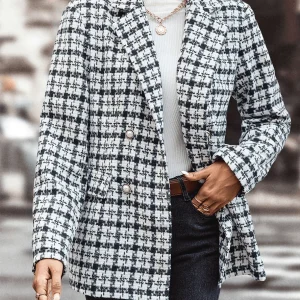 Inrosy blazer veste carreaux double boutonnage poches col revers manches longues femme style tailleur élégant mode automne manteau