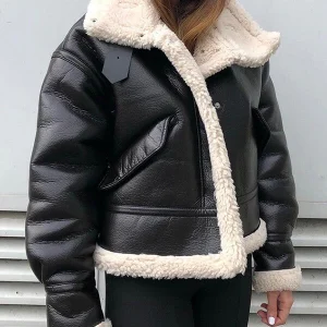Inrosy court veste aviateur simili cuir peau de mouton boutonnage poches femme décontracté bombardier