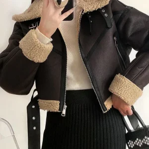 Inrosy court veste aviateur simili cuir peau de mouton fermeture éclair ceinture col revers femme bombardier