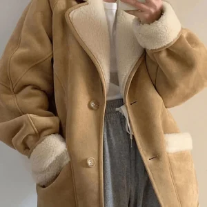Inrosy manteau aviateur suedine boutonnage poches col revers manches longues femme mode décontracté hiver veste