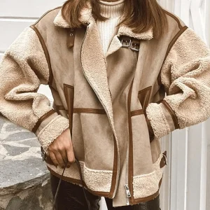 Inrosy manteau aviateur suedine poches ceinture fermeture éclair col revers manches longues femme mode décontracté hiver veste