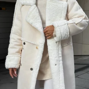 Inrosy mi-longue manteau aviateur imitation peau de mouton suedine polaire boutonnage col revers femme veste