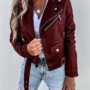 Inrosy court perfecto femme simili cuir fermeture éclair avec poches ceinture col revers veste motard