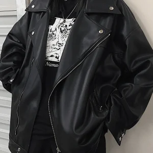 Inrosy perfecto vestes simili cuir poches fermeture éclair col revers manches longues femme oversized vintage décontracté style motard