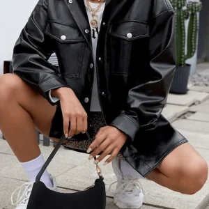 Inrosy veste motard simili cuir boutonnage poches col revers manches longues femme mode oversized décontracté
