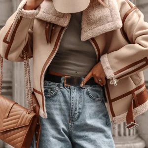 Inrosy court manteau aviateur polaire poches ceinture chunky buckle col reversfemme oversized décontracté hiver bombardier