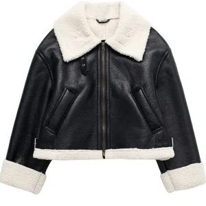 Inrosy manteau aviateur court veste de moto d'hiver pour femme simili cuir double polaire col revers manches longues