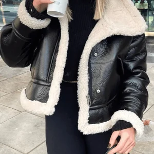 Inrosy veste simili cuir manteau aviateur doublé polaire poches fermeture éclair col revers femme mode oversized décontracté manteau hiver