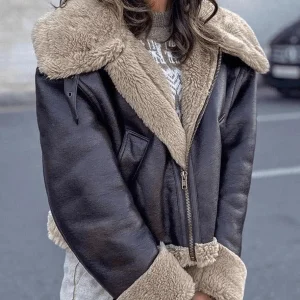 Inrosy manteau aviateur simili cuir doublé polaire imitation laine poches ceinture col revers femme mode décontracté hiver veste