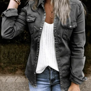Inrosy veste en jean boutonnage poches col chemise manches longues femme casual mode décontracté veste