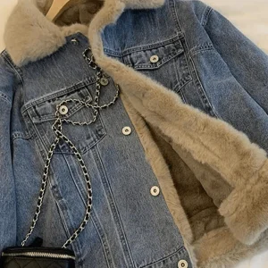 Inrosy veste en jean polaire molleton boutonnage poches col revers manches longues femme mode décontracté hiver manteau