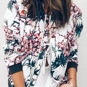 Inrosy bombers imprimé à fleurie fermeture éclair manches longues femme décontracté veste