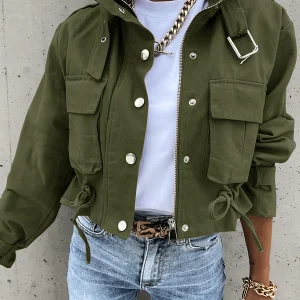Inrosy court veste unicolore poches ceinture col revers manches longues femme style boyfriend mode