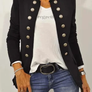 Inrosy court veste officier coton double boutonnage poches col montant manches longues femme casual mode décontracté automne
