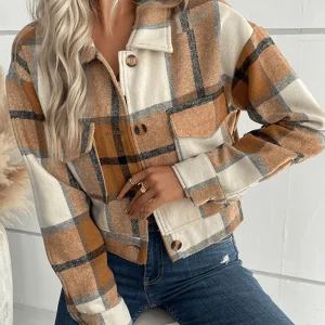 Inrosy court surchemise femme carreaux boutonnage poches col revers manches longues femme mode décontracté veste automne