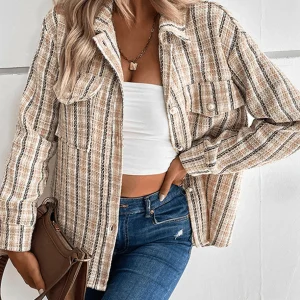Inrosy veste tartan femme rayé carreaux boutonnage poches col revers manches longues femme mode décontracté surchemise automne