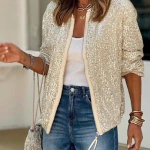 Inrosy bombers brillante paillette fermeture éclair col rond manches longues femme casual élégant mode décontracté veste