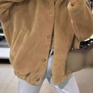 Inrosy court veste polaire boutonnage poches col montant manches longues femme casual mode oversized décontracté