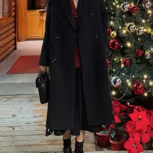 Inrosy longue manteau en laine double boutonnage poches col revers manches longues femme élégant preppy mode veste automne