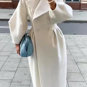Inrosy longue manteau en laine double boutonnage découpe v manches longues femme élégant mode vintage hepburn veste