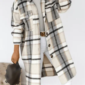 Inrosy mi-longue manteau en laine carreaux fendu boutonnage poches col revers femme élégant oversized surchemise
