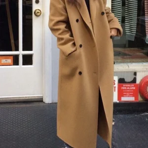 Inrosy longue manteau en laine cheville double boutonnage poches col revers manches longues femme ample élégant mode hiver blouson