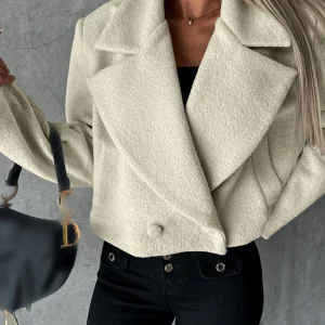 Inrosy court manteau en laine unicolore boutons poches découpe v manches longues femme élégant mode oversized hiver veste