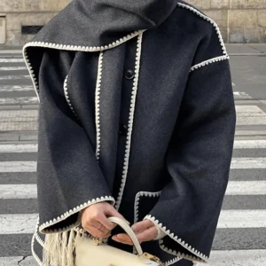 Inrosy manteau en laine avec frange foulard boutonnage poches col rond manches longues femme élégant mode ample hiver veste