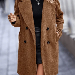 Inrosy mi-longue manteau teddy coat polaire double boutonnage poches col revers femme élégant oversized hiver veste